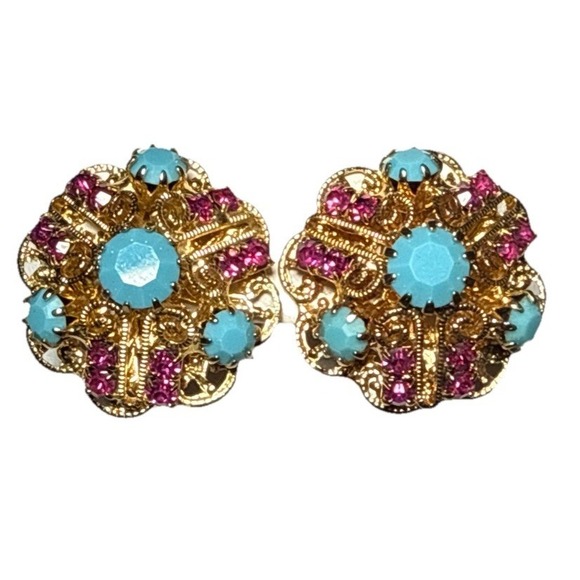 Hattie Carnegie Jewelry - Vintage Hattie Carnegie Intricate Blue & Pink Gold Tone Clip-On Earrings J18-45